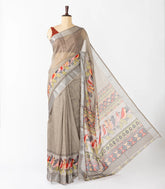 Grey Woven Synthetic Linen Saree With Printed Bird Motifs-BL4405