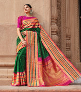 Green Handloom Kanchipuram Korvai Silk Saree With Checks & Buttas-Green