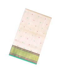 White Handloom Lino Silk Saree With Meena Buttas