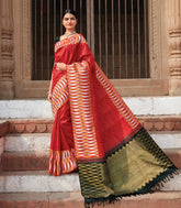 Red Handloom Kanchipuram Silk Saree With Stripes