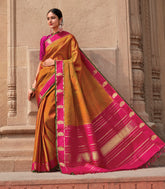 Orange Handloom Kanchipuram Silk Saree With Green Stripes