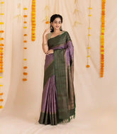 Lavender Handloom Soft Silk Saree With Zari Stripes & Contrast Border-KA13982