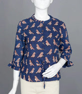 Indigo Blue Bird Print Ruffled-Neck Top with Tie-Up-RB5242