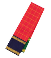 Red Handloom Korvai Kanchipuram Silk Saree With Checks & Ganga Jamuna Border-KA13896
