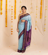 Turquoise Handloom Korvai Silk Cotton Saree With Checks & Contrast Border-SC3883