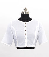 White Round Neck Cotton Blouse With Full Front Button-RB5225