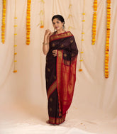 Maroon Handloom Silk Cotton Saree With Kolam Buttas & Contrast Border-SC3882