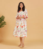 White Multicolour printed floral A-line Dress