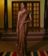 Brown Handloom Linen Saree With Striped Pallu