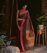 Brown Handloom Kanchi Cotton Saree With Diamond Motifs