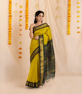 Mustard Handloom Korvai Silk Cotton Saree With Contrast Border-SC3887