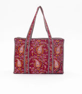 Red Bagru Printed Handmade Cotton Quilted Tote Bag With Zipper-ACS1045