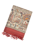 Taupe Handloom Tussar Silk Saree With Printed Crimson Floral Motifs