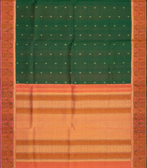 Dark Green & Sunset Orange Sashiko Reversible Handloom Silk Saree Japanese Inspired Border & Pallu-KA12637