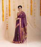 Magenta Handloom Silk Cotton Saree With Parrot Buttas-SC3876