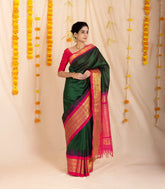 Dark Green Handloom Korvai Silk Cotton Saree With Contrast Temple Border-SC3877