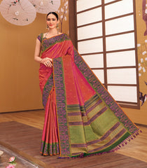 Dark Green & Sunset Orange Sashiko Reversible Handloom Silk Saree Japanese Inspired Border & Pallu-KA12637