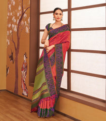 Dark Green & Sunset Orange Sashiko Reversible Handloom Silk Saree Japanese Inspired Border & Pallu-KA12637