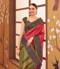 Dark Green & Sunset Orange Sashiko Reversible Handloom Silk Saree Japanese Inspired Border & Pallu-KA12637