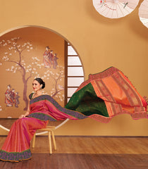 Dark Green & Sunset Orange Sashiko Reversible Handloom Silk Saree Japanese Inspired Border & Pallu-KA12637