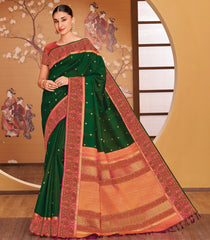 Dark Green & Sunset Orange Sashiko Reversible Handloom Silk Saree Japanese Inspired Border & Pallu-KA12637
