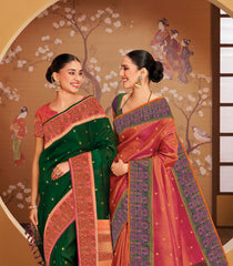 Dark Green & Sunset Orange Sashiko Reversible Handloom Silk Saree Japanese Inspired Border & Pallu-KA12637