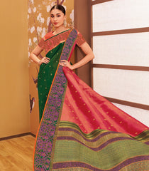 Dark Green & Sunset Orange Sashiko Reversible Handloom Silk Saree Japanese Inspired Border & Pallu-KA12637