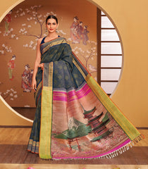 Indigo Handloom Silk Saree With Japanese Sashiko Patterns & Mount Fuji Pallu-KA12636