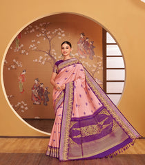 Soft Peach Handloom Kumo Korvai Silk Saree With Japanese Inspired Border & Pallu-KA12632