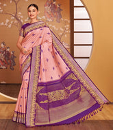 Soft Peach Handloom Kumo Korvai Silk Saree With Japanese Inspired Border & Pallu-KA12632