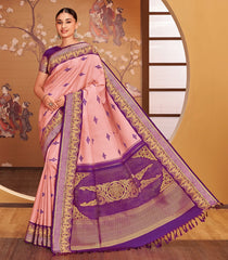 Soft Peach Handloom Kumo Korvai Silk Saree With Japanese Inspired Border & Pallu-KA12632