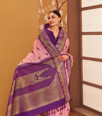 Soft Peach Handloom Kumo Korvai Silk Saree With Japanese Inspired Border & Pallu-KA12632