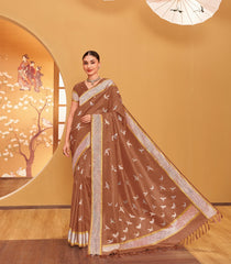 Mocha Mousse Handloom Natural Dyed Silk Saree With Japanese Cranes-KA12633