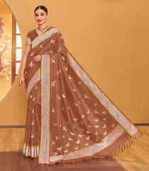 Mocha Mousse Handloom Natural Dyed Silk Saree With Japanese Cranes-KA12633