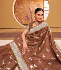 Mocha Mousse Handloom Natural Dyed Silk Saree With Japanese Cranes-KA12633