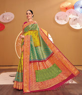 Lime Yellow Handloom Korvai Japan Silk Saree With Japanese Motifs-KA12635