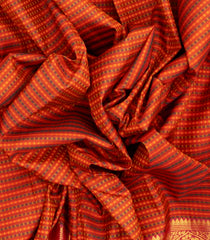 Rust & Green Handloom Silk Saree With Stripes & Muthu