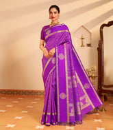 Purple Handloom Kanchipuram Silk Saree With Zari Checks & Buttas-KA15468
