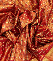 Crimson Handloom Natural Dyed Silk Saree With Zari Checks & Traditional Motifs