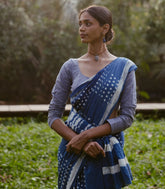 Indigo Jaipur Cotton Saree With With small printed polka dots across the saree