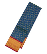 Blue Handloom Korvai Kanchipuram Silk Saree With Checks & Contrast Border-KA13028