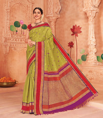 Greenish Yellow Handloom Kuyil Kan Korvai Silk Saree With Contrast Border-KA12630