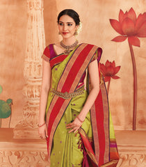 Greenish Yellow Handloom Kuyil Kan Korvai Silk Saree With Contrast Border-KA12630