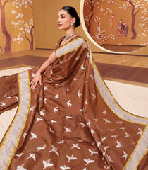 Mocha Mousse Handloom Natural Dyed Silk Saree With Japanese Cranes-KA12633