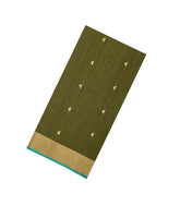 Dark Olive Handloom Maheswari Silk Cotton Saree With Buttas & Zari Border-SC4879