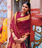 Crimson Handloom Kanchipuram Silk Saree With Zari Checks & Buttas