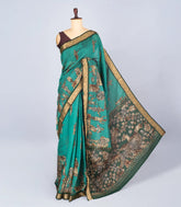 Aquamarine Woven Synthetic Viscose Saree With Printed Kalamkari Motifs-BL4642
