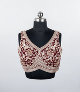 Maroon Embroidered Blended Raw Silk Readymade Sleeveless Blouse RB5205