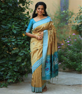 Olive Green Woven Art Tussar Saree With Flower Motifs