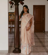 Light Peach Handwoven Tussar Saree With Printed Floral Motifs